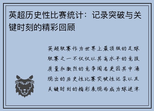 英超历史性比赛统计：记录突破与关键时刻的精彩回顾